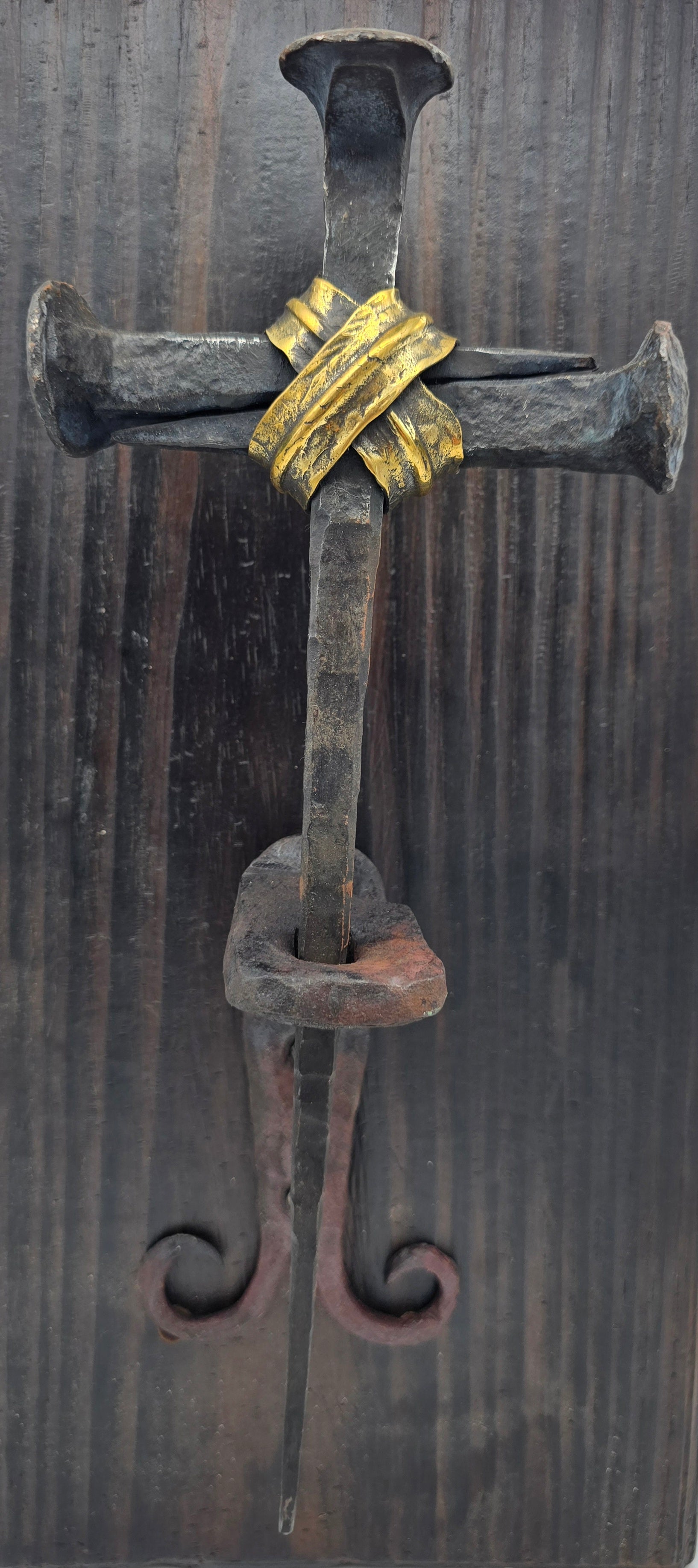 Railroad spike cross with wall mount